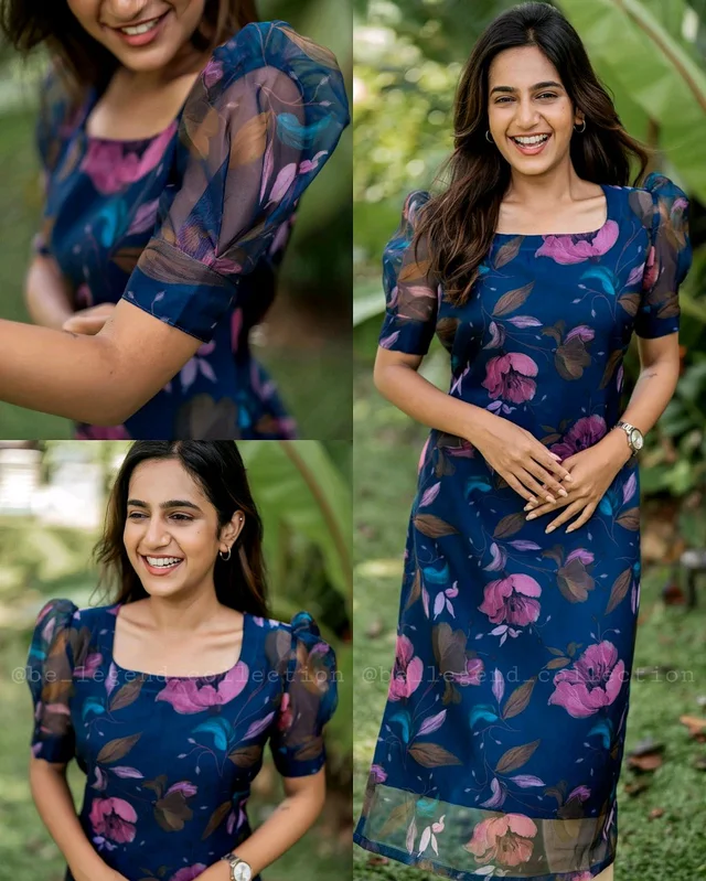 Blue Organza Floral Print Self Design Kurtis - XL