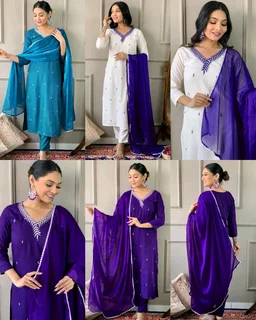 Trendy Design Women Embroidered Straight Kurta with Pants & Dupatta Set - White and Purple, S