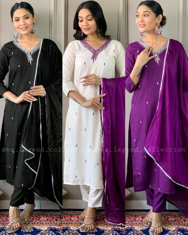 Trendy Design Women Embroidered Straight Kurta with Pants & Dupatta Set - White and Purple, 2XL