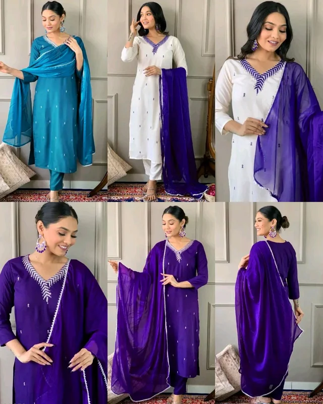 Trendy Design Women Embroidered Straight Kurta with Pants & Dupatta Set - Teal, L