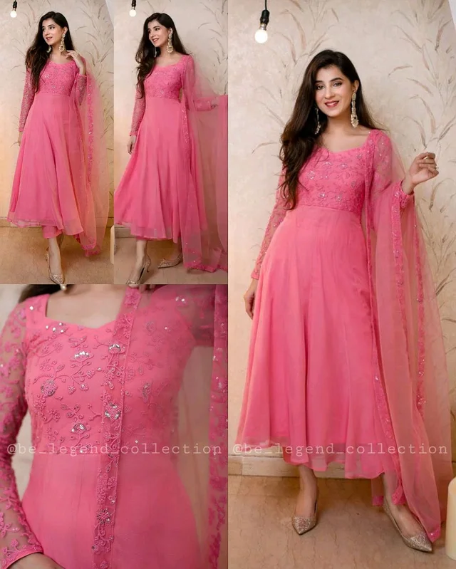 Lovely Women's Heavy George tte Digital Floral Printed Gown and Dupatta - Peach, M