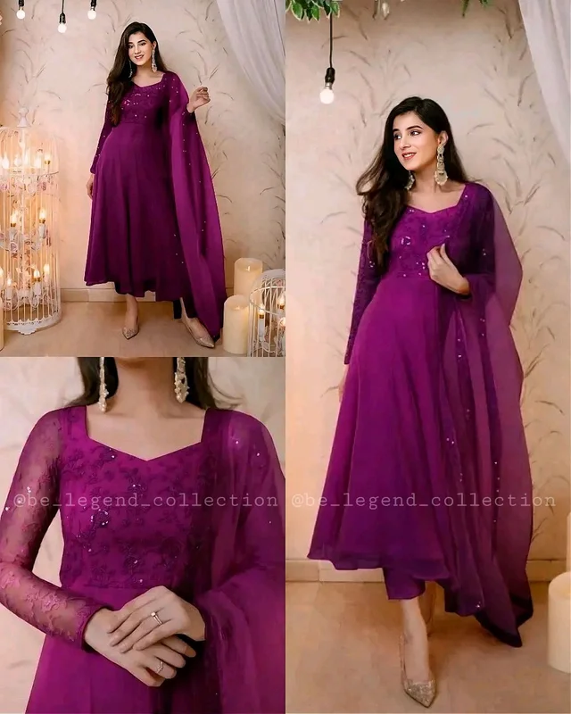 Lovely Women's Heavy George tte Digital Floral Printed Gown and Dupatta - Purple, L