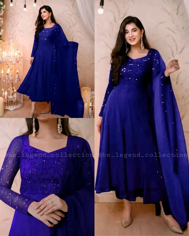 Lovely Women's Heavy George tte Digital Floral Printed Gown and Dupatta - Blue, M