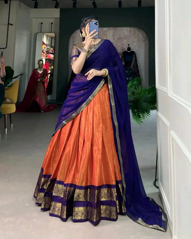 South Indian Traditional Half Saree - Orange, Un Stitched