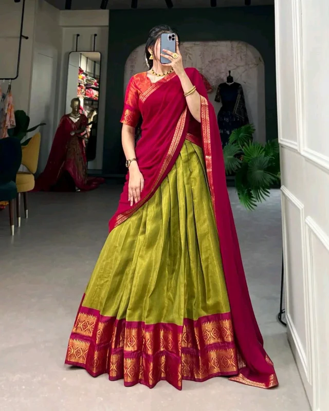 South Indian Traditional Half Saree - Green Smoke, Un Stitched