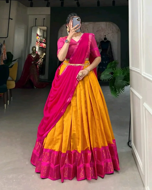 South Indian Traditional Half Saree - Pink and Yellow, Un Stitched