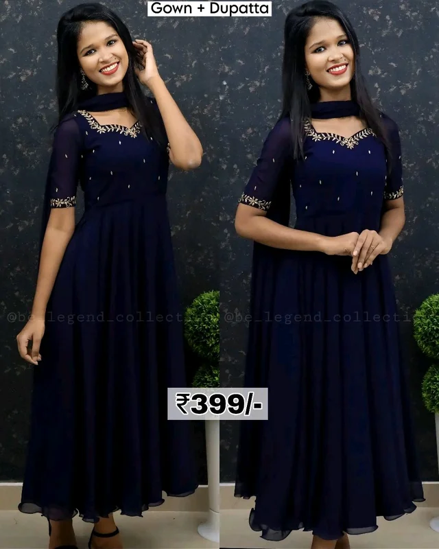 Attractive Georgette Embroidered Zari Work Gown for Women With Dupatta - XL