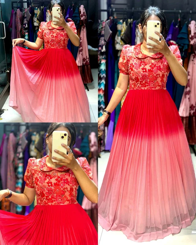 Beautiful peach red and pink color floral dress.its made by heavy 2d shade georgette and embroidered floral yolk. - S