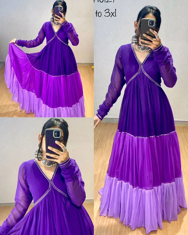 Elevate your ethnic fashion with our violet flared anarkali, with beautiful gota patti work and beautiful three color shades. - L