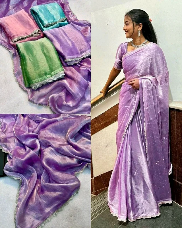 Trendy Saree with Hand Work Saree with Blouse Piece - Purple, Free Size