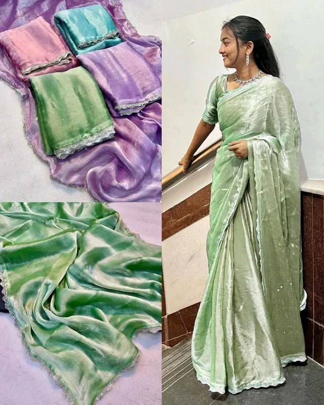 Trendy Saree with Hand Work Saree with Blouse Piece - Green, Free Size