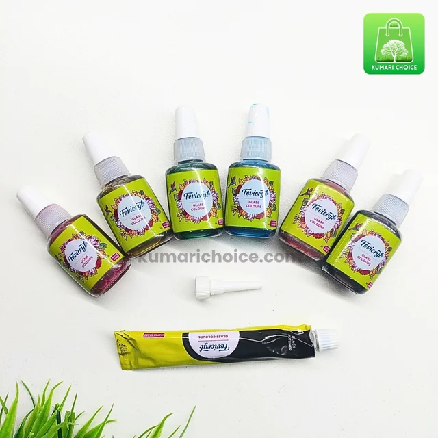Fevicryl Premium Glass Colours With 6 Colour Bottles of 10ml And 1 Black Outliner Tube Of 15ml (7 Colours) KC829