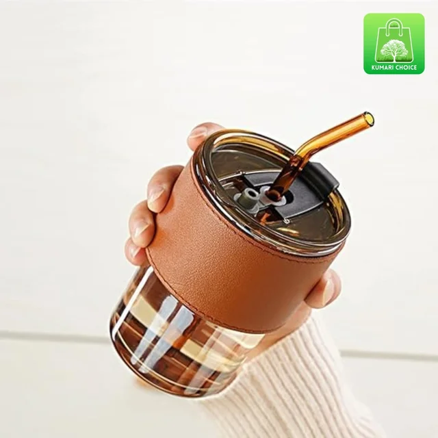 Trending Cute Luxury Transparent Glass Juice Or Coffee Cup With Straw And Leather Finish Holding Grip Support (1pc) KC1498