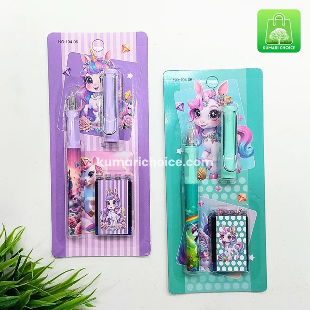 High Quality Super Cute Students Favourite Unicorn Fountain Pen With 4 Long Life Catridges (1pc) KC681