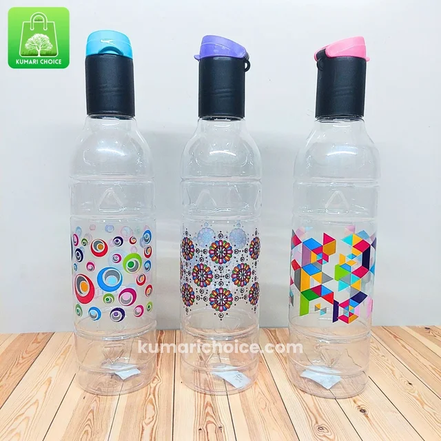 High Quality Cute Transparent Round Designed Storage Bottle With Colourful Prints (1 Litre) (1pc) KC1067