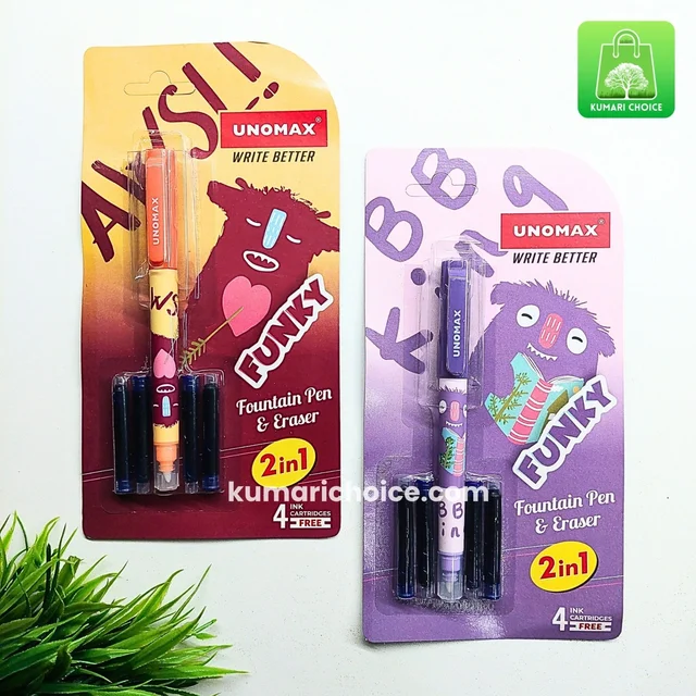 Premium Quality 2 in 1 Unomax Funky Fountain Pen And Ink Eraser With 4 Catridges (1pc) KC755