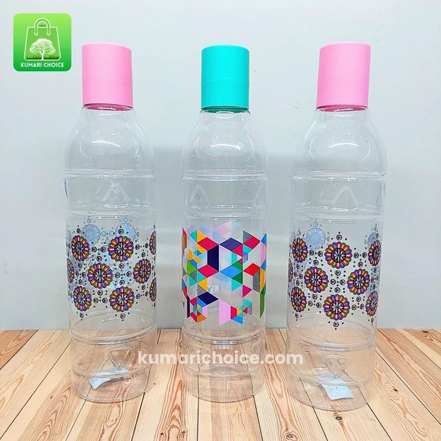 High Quality Cute Transparent Round Designed Bottle With Colourful Prints (1 Litre) (1pc) KC1068