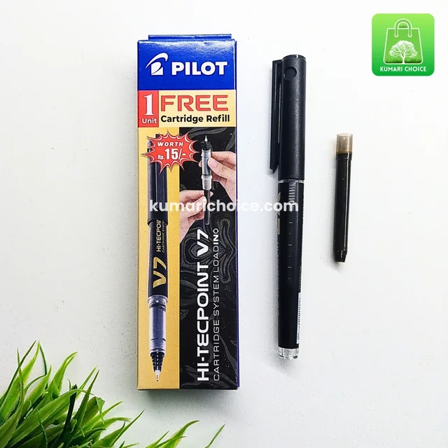 Pilot High Quality Hi-Tecpoint V7 Premium Long Writing Catridge Pen With Free Extra Catridge And Box Packing (BLACK INK) (1pc) KC774