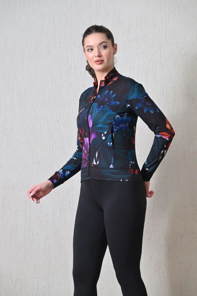 Body Smith Women Solid Full Sleeves Abstract Lotus Print Black Zipper Jacket