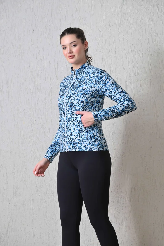 Body Smith Women Solid Full Sleeves Abstract Blue Print Zipper Jacket