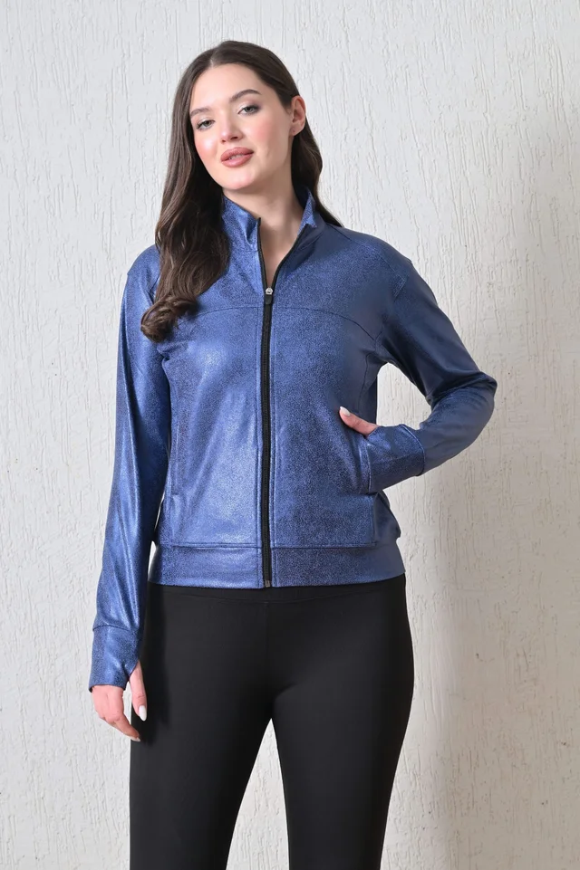 Body Smith Women Solid Full Sleeves Blue Print Black Zipper Jacket - XXL, Blue
