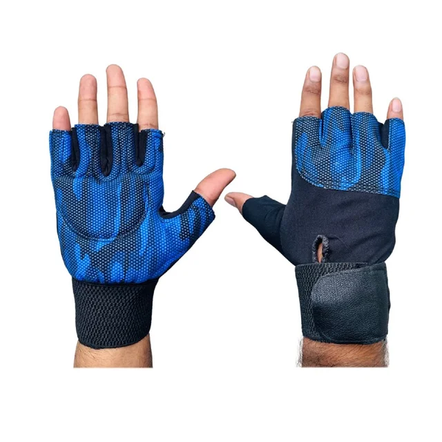 Body Smith Unisex Camo Blue Gym Gloves for with Wrist Support - One Size, Persian Blue