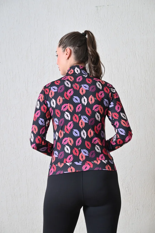 Body Smith Women Solid Full Sleeves Abstract Kiss Print Black Zipper Jacket - M, Black