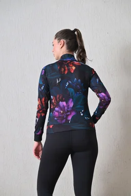Body Smith Women Solid Full Sleeves Abstract Lotus Print Black Zipper Jacket - M, Black