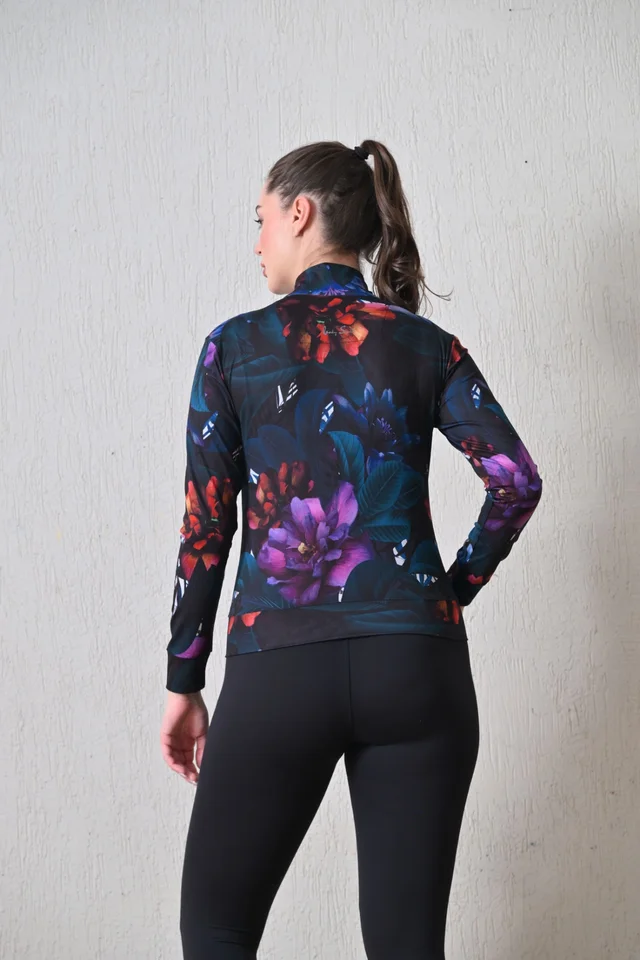 Body Smith Women Solid Full Sleeves Abstract Lotus Print Black Zipper Jacket - M, Black