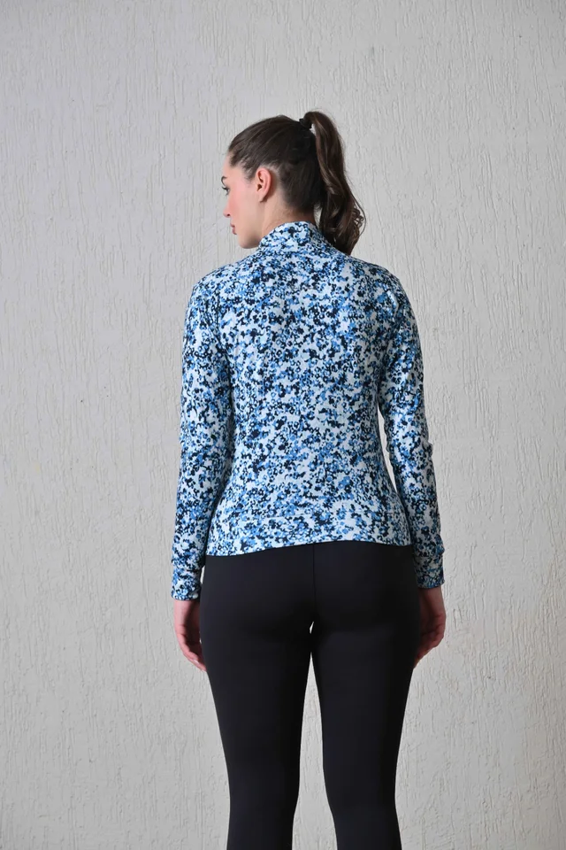 Body Smith Women Solid Full Sleeves Abstract Blue Print Zipper Jacket - M, Blue