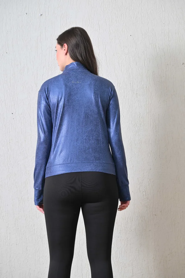 Body Smith Women Solid Full Sleeves Blue Print Black Zipper Jacket - M, Blue
