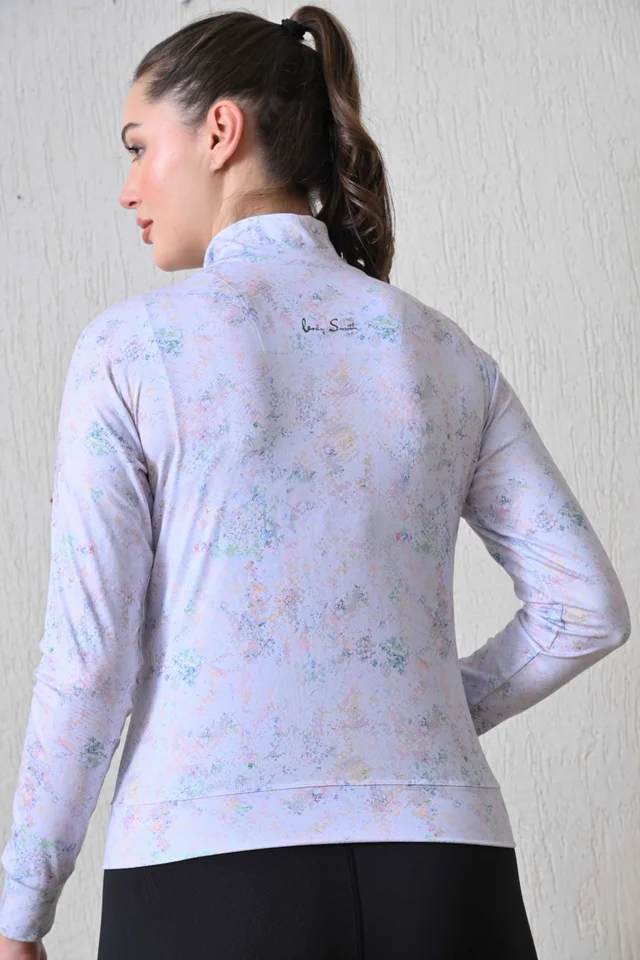 Body Smith Women Solid Full Sleeves Print Abstract White Zipper Jacket - M, White