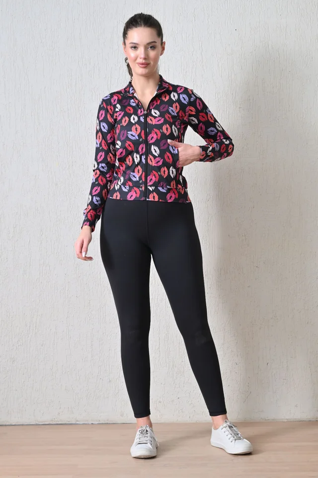 Body Smith Women Solid Full Sleeves Abstract Kiss Print Black Zipper Jacket - M, Black