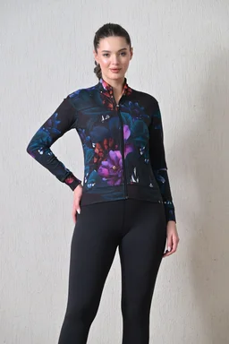 Body Smith Women Solid Full Sleeves Abstract Lotus Print Black Zipper Jacket - M, Black