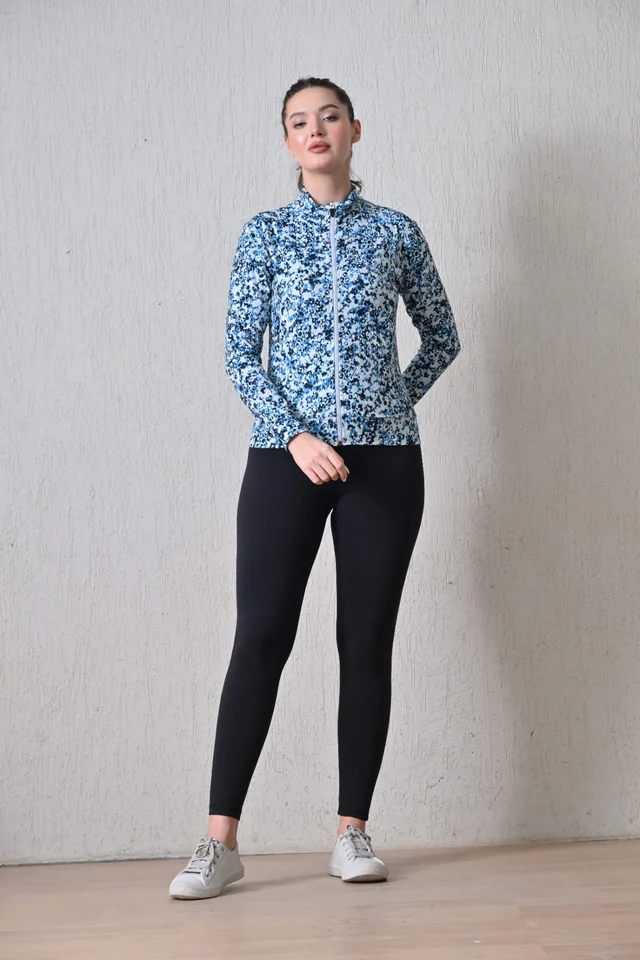 Body Smith Women Solid Full Sleeves Abstract Blue Print Zipper Jacket - M, Blue
