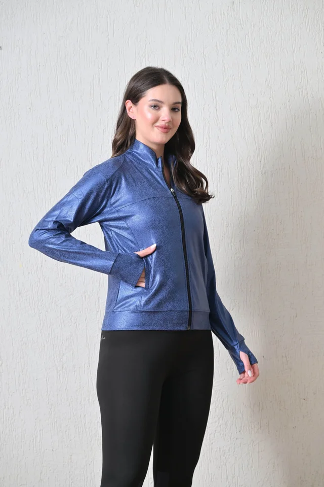 Body Smith Women Solid Full Sleeves Blue Print Black Zipper Jacket - M, Blue
