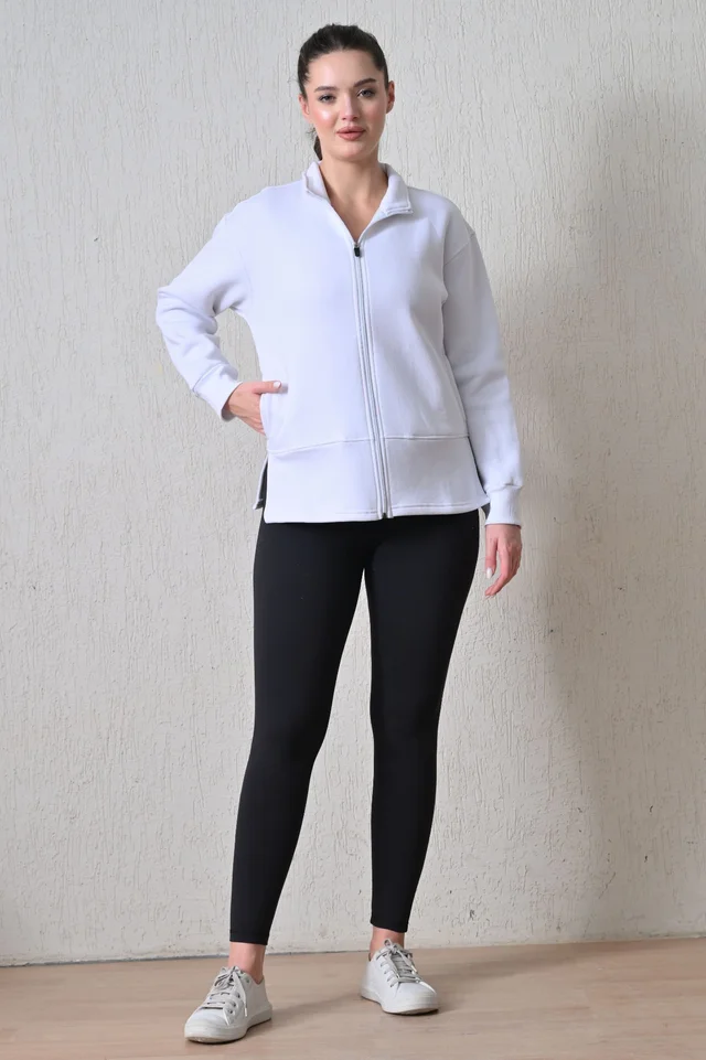 Body Smith Women Solid Full Sleeves Solid White Fleece Zipper Jacket - M, White