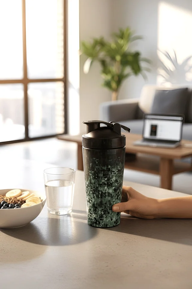 Body Smith Abstract Black Camo Print BPA Free Stainless Steel Shaker- 750ML - Mineral Green, One Size