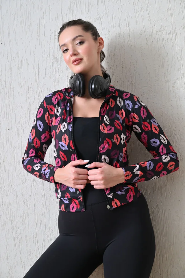 Body Smith Women Solid Full Sleeves Abstract Kiss Print Black Zipper Jacket - M, Black