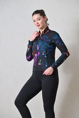 Body Smith Women Solid Full Sleeves Abstract Lotus Print Black Zipper Jacket - M, Black