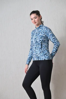 Body Smith Women Solid Full Sleeves Abstract Blue Print Zipper Jacket - M, Blue