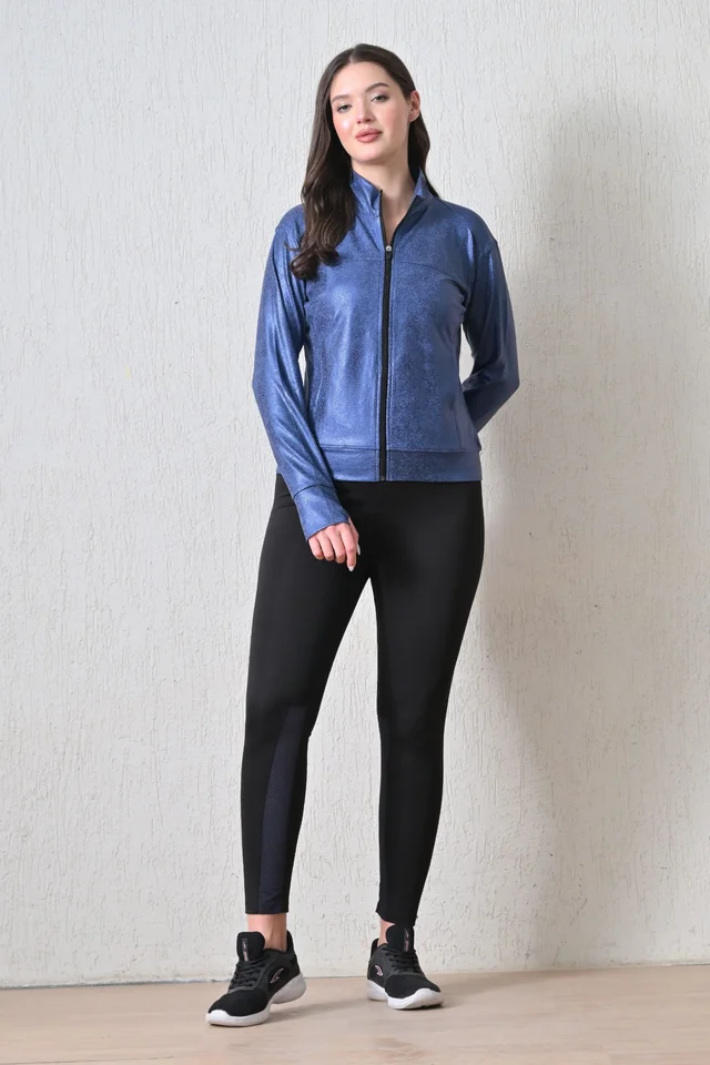 Body Smith Women Solid Full Sleeves Blue Print Black Zipper Jacket - M, Blue