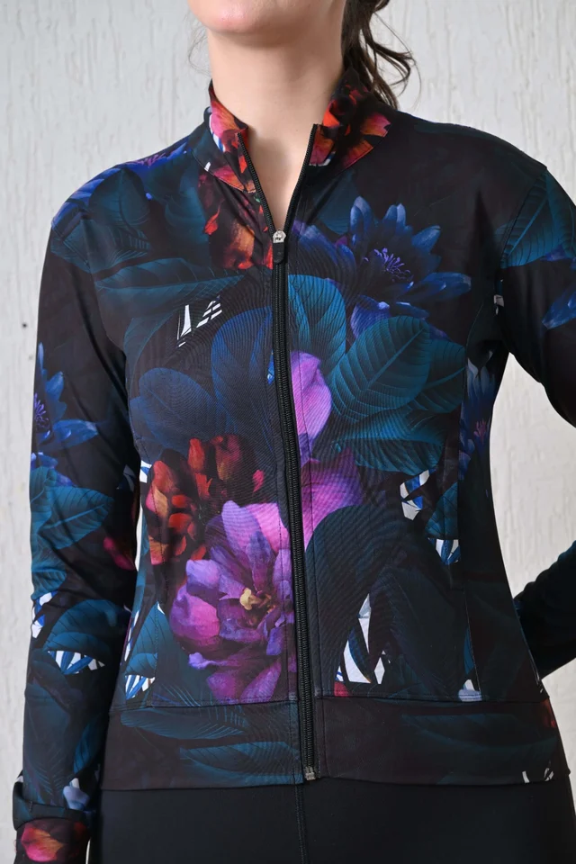 Body Smith Women Solid Full Sleeves Abstract Lotus Print Black Zipper Jacket - M, Black