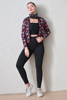 Body Smith Women Solid Full Sleeves Abstract Kiss Print Black Zipper Jacket - M, Black