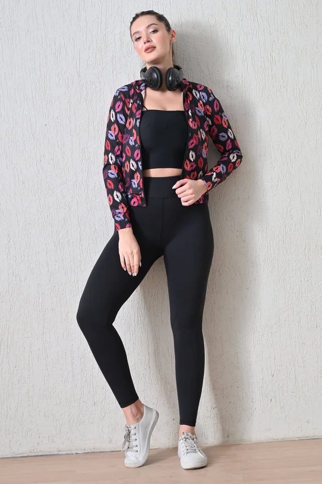 Body Smith Women Solid Full Sleeves Abstract Kiss Print Black Zipper Jacket - M, Black