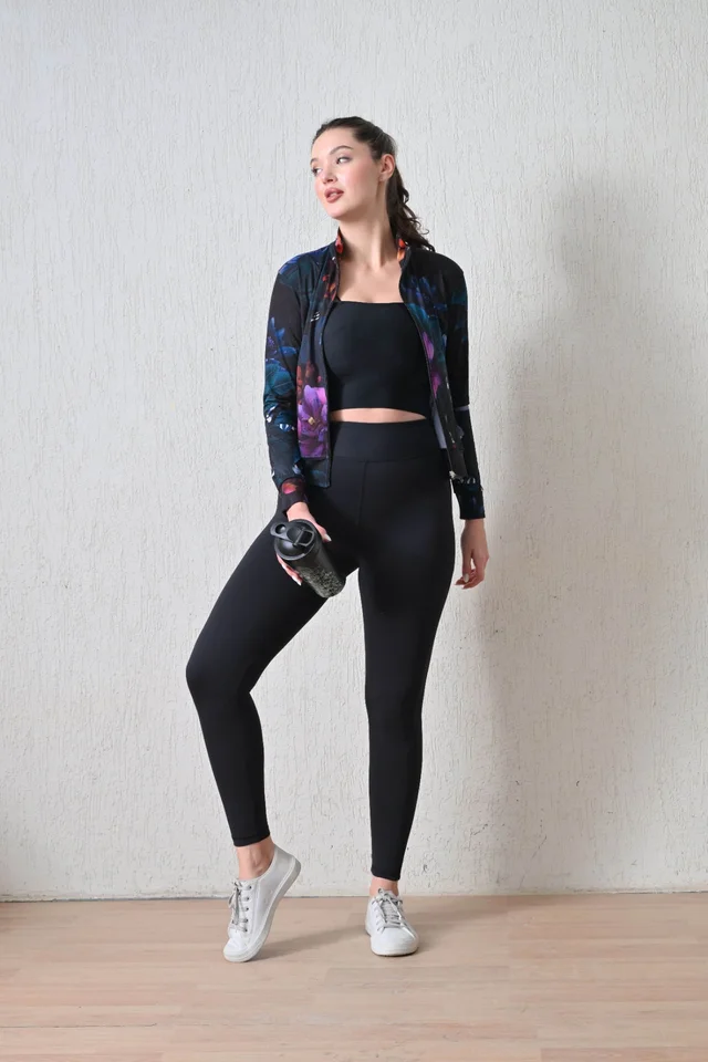 Body Smith Women Solid Full Sleeves Abstract Lotus Print Black Zipper Jacket - M, Black