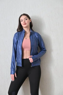 Body Smith Women Solid Full Sleeves Blue Print Black Zipper Jacket - M, Blue