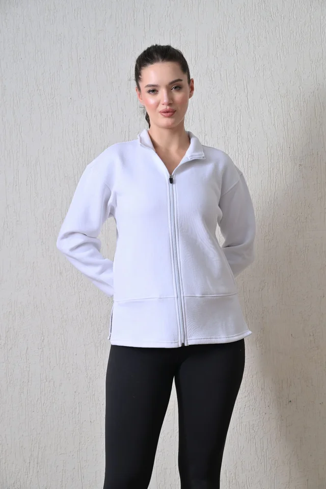 Body Smith Women Solid Full Sleeves Solid White Fleece Zipper Jacket - M, White