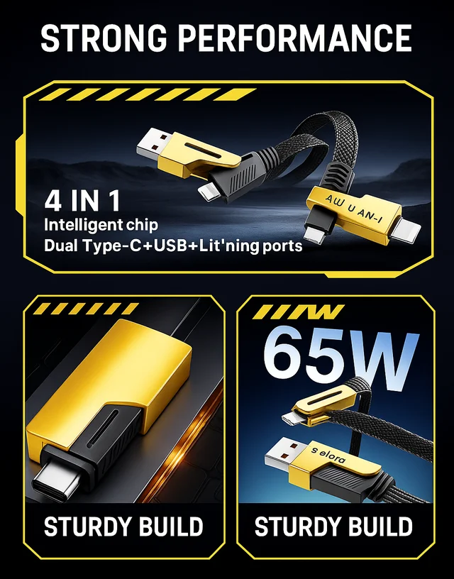 Body Smith 4 In 1 Covertable Data Cable - One Size, Gold Tips