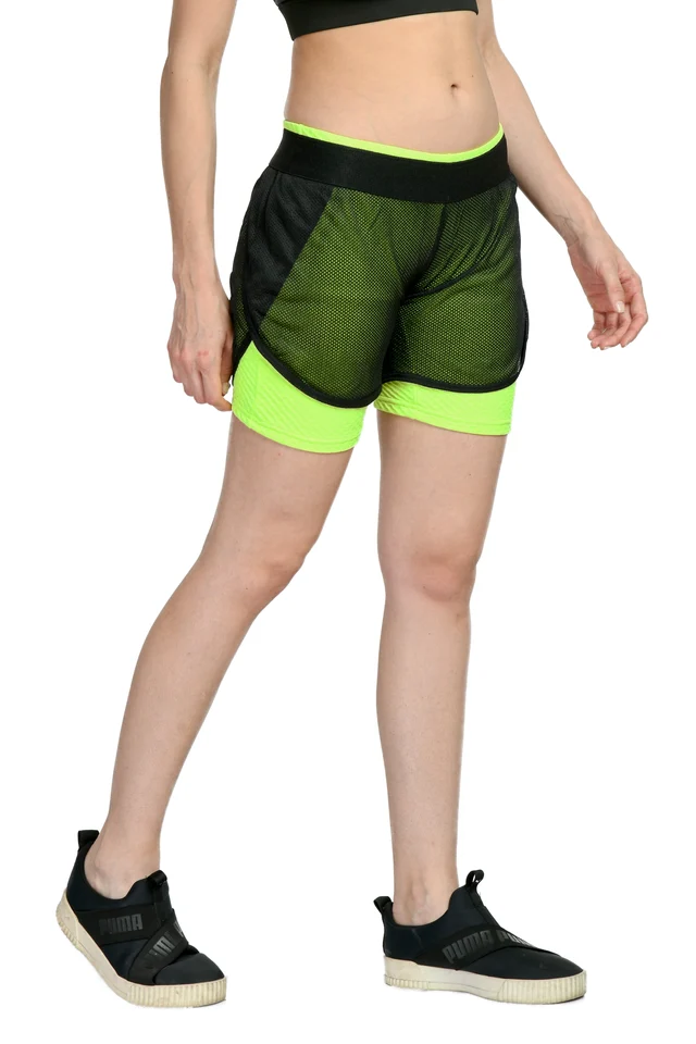 Body Smith Solid Mesh Black Neon Green Sports Shorts - M, Green